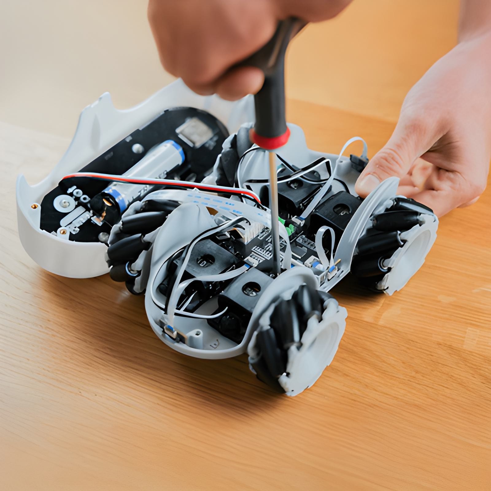 Robot ilo ouvert en train d'être visé par un tournevis sur une table en bois