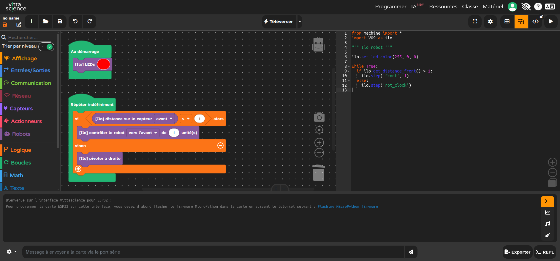 capture d'écran montrant l'interface web Vittascience pour programmer une carte compatible MicroPython sur le robot ilo